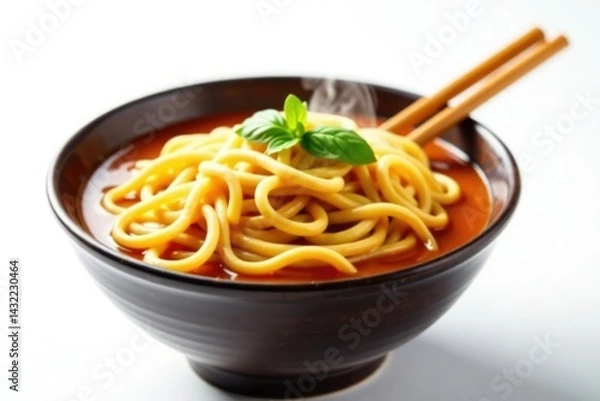 Obraz Steaming bowl of ramen noodles, chopsticks, white background, broth, spicy, vibrant