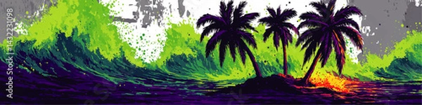 Fototapeta Vibrant Tropical Island with Palm Trees and Abstract Neon Waves – Colorful Vector Art for Creative Design Projects