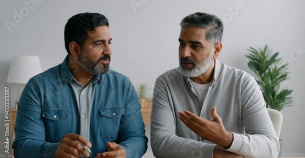 Obraz Two mature hispanic men engaging in a thoughtful conversation indoors