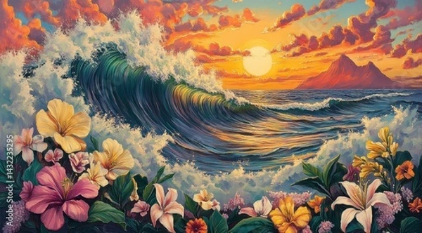 Obraz Ocean sunset, vibrant flowers, powerful wave