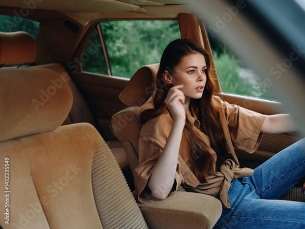 Fototapeta Thoughtful young woman driving in a vintage car, capturing emotions of nostalgia and adventure in nature. Stylish brown outfit and serene greenery create a tranquil atmosphere.