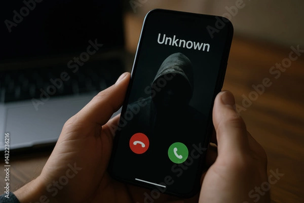 Fototapeta Person holding smartphone with mysterious incoming call from unknown caller