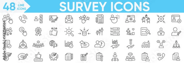 Fototapeta Survey icons set. opinion, questionnaire, poll, research, data collection, graphic, white background, review, satisfaction, answers, task, survey, list and more.Vector and illustrator set.