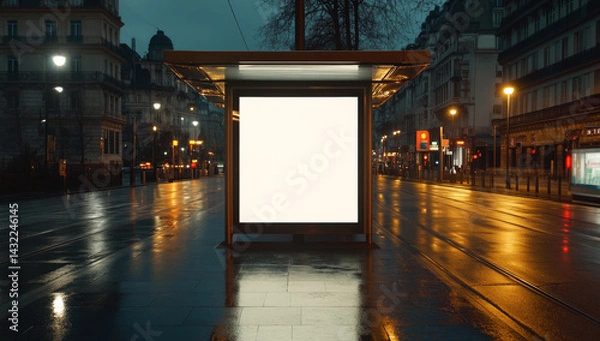 Obraz blank advertising poster stands at bus stop in quiet urban setting, reflecting soft glow of streetlights on wet pavement