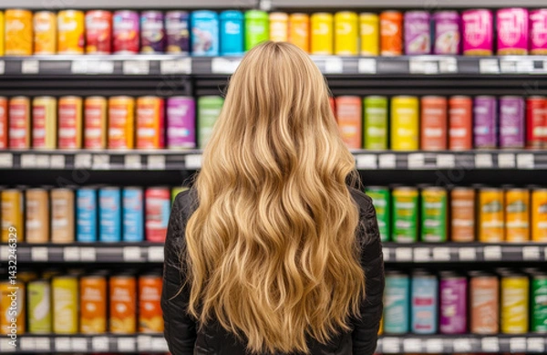 Obraz young woman with long blonde hair stands in front of colorful display of beverage cans, showcasing vibrant array of colors and designs