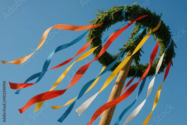 Fototapeta Colorful ribbons fluttering on traditional maypole against clear sky