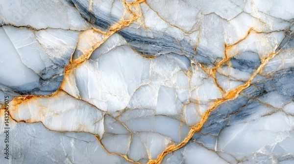 Fototapeta Close-up view of striking light gray and white stone surface with gold veins.