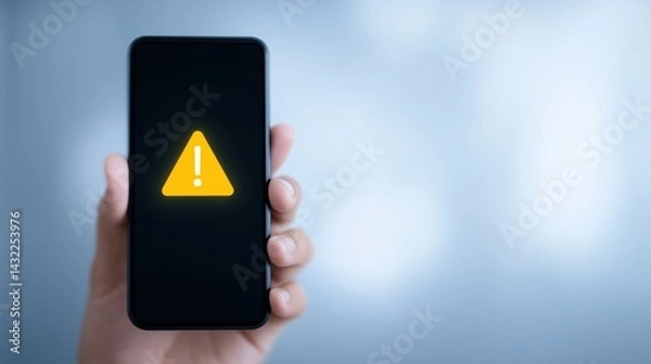 Fototapeta Warning symbol displayed on smartphone held in hand shows caution about potential phone issues in modern technology.