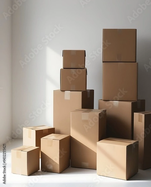 Fototapeta Stack of cardboard boxes in various sizes arranged on a white surface in natural light, ideal for shipping, packaging, moving, storage, and delivery logistics visuals

