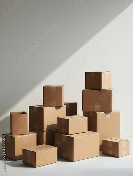 Fototapeta Stack of cardboard boxes in various sizes arranged on a white surface in natural light, ideal for shipping, packaging, moving, storage, and delivery logistics visuals

