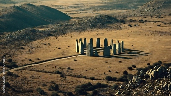 Fototapeta Aerial view of a stone circle in a vast landscape, suggesting ancient rituals or gatherings.