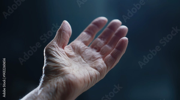 Fototapeta Close up of elderly person's open palm facing upward with visible wrinkles and soft lighting showing available hand gesture for help or giving.