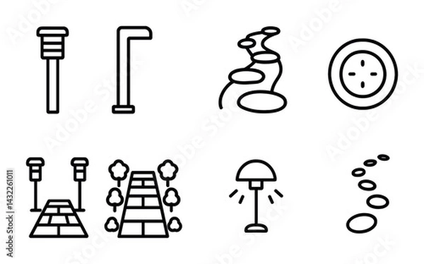 Fototapeta Garden pathway outline icons set – linear style gardening, landscaping, and design symbols for outdoor spaces: lamppost, pathway, stepping stones, compass, stairs