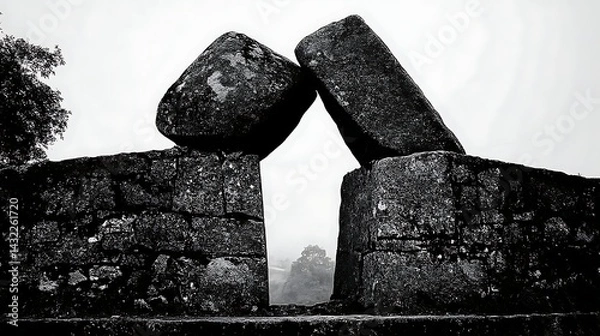 Fototapeta Two large stones leaning against each other, framed by a stone structure in a monochrome setting.