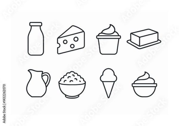 Fototapeta Dairy products icon set – outline style milk, cheese, and yogurt symbols for food design: bottle, cheese, butter, jug, bowl, ice cream, cream bowl