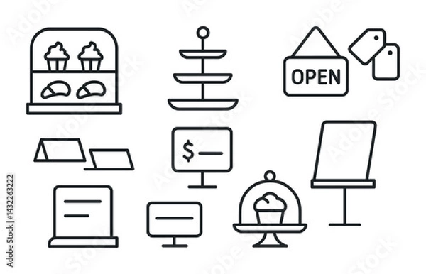 Obraz Cafe and bakery linear icons set - outline style for menu design, shop branding, and food service: cupcake, croissant, menu, price tag, open sign, display stand, tiered tray