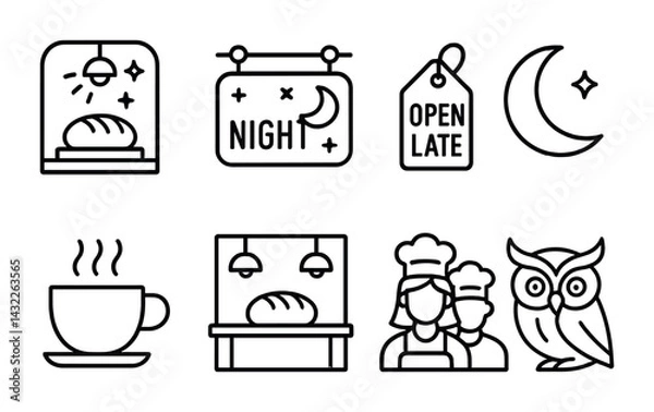 Obraz Bakery and night cafe outline icon set – linear style for culinary arts, coffee shop, and nightlife: bread, night sign, open late tag, moon, coffee, chefs, owl