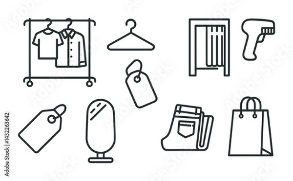 Fototapeta Retail and fashion outline icons set – linear style shopping, apparel, and boutique symbols for design: clothing rack, hanger, fitting room, price tag, mirror, jeans, shopping bag.
