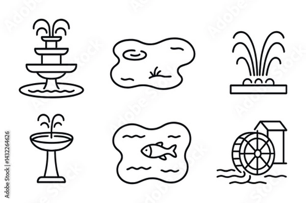 Fototapeta Garden and water feature outline icons set – linear style for landscaping, decoration, and nature: fountain, pond, waterwheel, fishpond, birdbath, sprinkler system