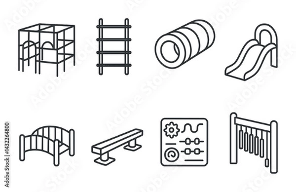 Fototapeta Children's playground outline icon set – linear play equipment, outdoor fun, and park elements for kids' area design: jungle gym, ladder, slide, bridge, tunnel, balance beam, musical bars