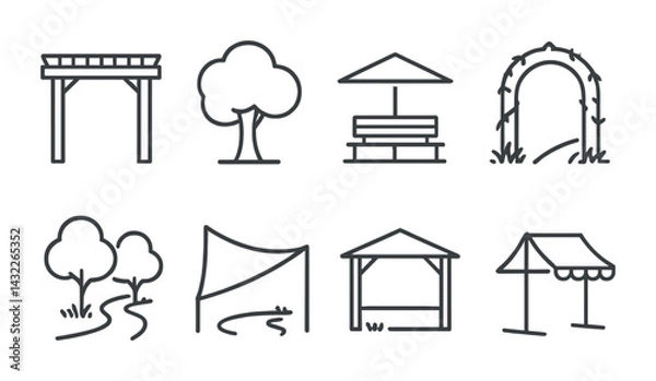 Fototapeta Garden and landscape outline icon set – linear style nature, design, and decor symbols for outdoor spaces: arbor, tree, bench, arch, path, gazebo, pergola, canopy.