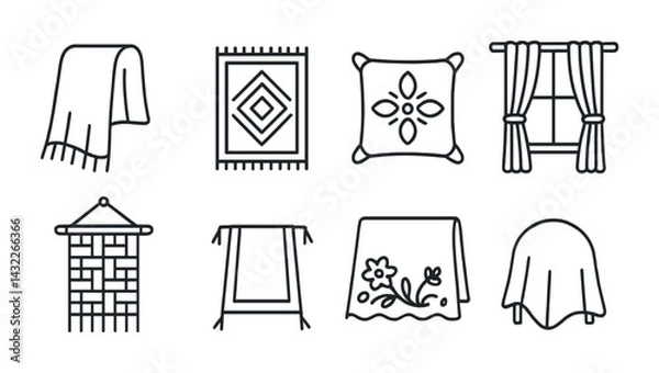 Fototapeta Home decor outline icons set – linear style interior design and decoration elements for house styling: towel, rug, pillow, curtain, wall hanging, blanket, tablecloth.