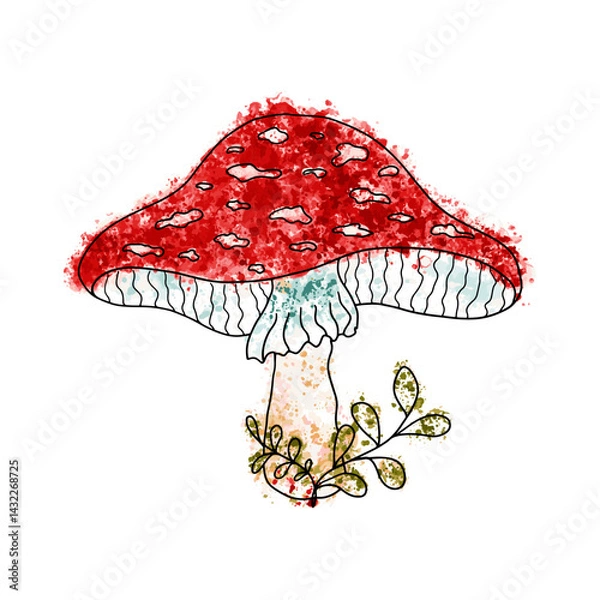 Fototapeta Hand drawn picture of fly agaric fungi. Botanical forest illustration for design, print, fabric. Sketch doodle drawing of magic poisonous mushrooms with colorful watercolor stains.