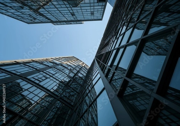Fototapeta perspective towering structure reflective glass surfaces used corporate offices dark metallic fenestration system clear blue upper atmosphere business related concept modern building design looks