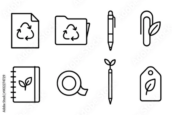 Obraz Eco-friendly office supplies icon set – outline style recycling, sustainability, and green workspace symbols: folder, pen, paperclip, notebook, tape, tag, file.