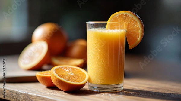 Fototapeta Freshly squeezed orange juice in glass with orange slice healthy breakfast drink and oranges on table