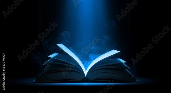 Fototapeta exposed bound collection written pages illuminated beam blue colored light swirling vapor dark photographic setting backdrop textual resource separated pages rays light bound collection fictional