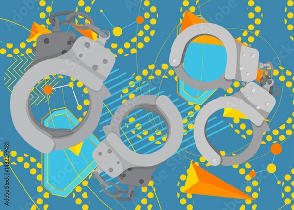Fototapeta Handcuffs geometrical graphic retro theme background. Minimal geometric elements. Vintage abstract shapes vector illustration.