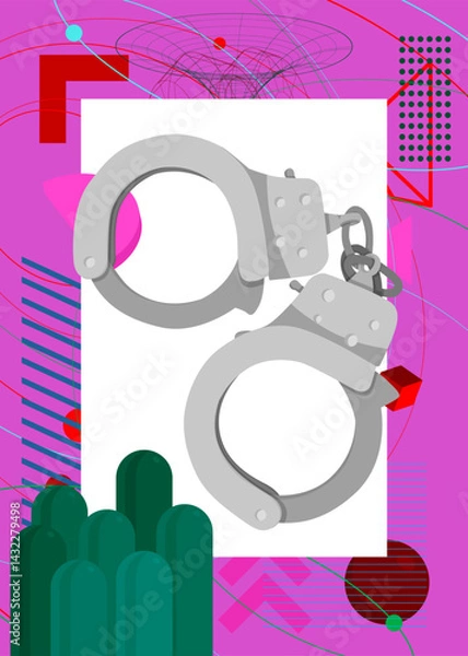 Fototapeta Handcuffs geometrical graphic retro theme background. Minimal geometric elements. Vintage abstract shapes vector illustration.