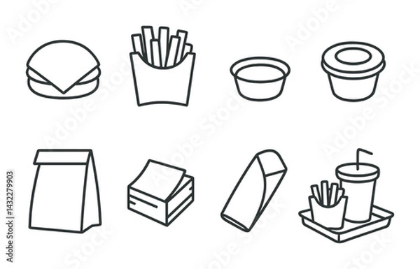 Obraz Fast food icon set – outline style for takeout, restaurant, and meal planning: burger, fries, sauce, container, bag, napkins, wrap, drink