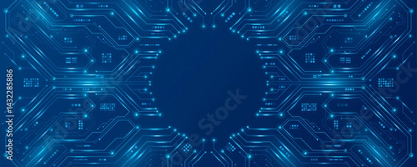 Fototapeta AI circuit board with glowing electronics elements on blue backdrop. UI and GUI design. Futuristic high tech panel of connected lines. Scientific and Technological background. Vector illustration