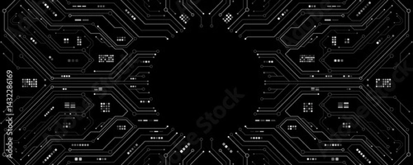 Fototapeta AI circuit board with electronics elements on black backdrop. UI and GUI design. Futuristic high tech panel of connected lines. Scientific and Technological background. Vector illustration