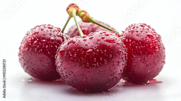 Fototapeta Freshly Washed Cherries Gleaming with Water Droplets on a White