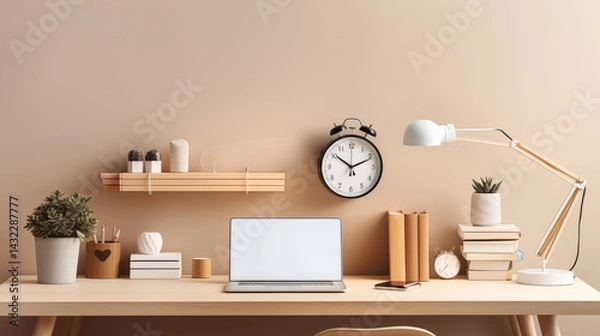 Fototapeta Modern Home Office Desk Setup Laptop Books Plants Clock
