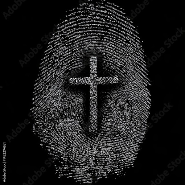 Fototapeta A symbolic representation of faith shows a Christian cross embedded in a detailed fingerprint, signifying identity, spirituality, and unique belief in the divine.