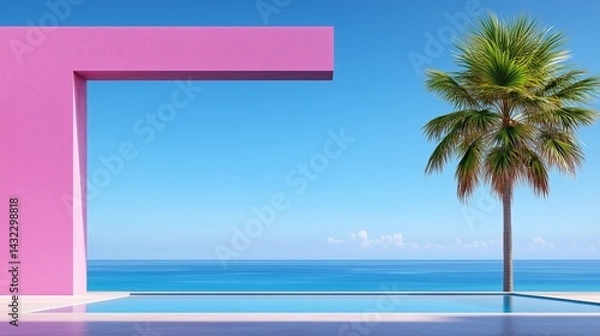 Fototapeta Pink Modern Structure by Poolside Palm Tree Ocean View