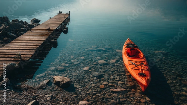 Fototapeta Paddle Down: Kayak's Serene Rest on a Rustic Dock