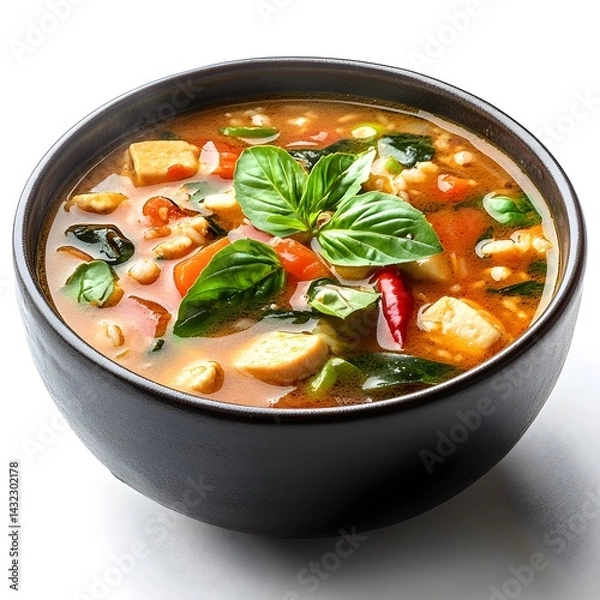 Fototapeta A delicious and healthy bowl of vibrant tomato basil soup with tofu and rice is perfect for a light meal.