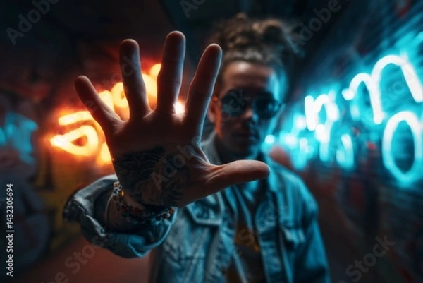 Fototapeta A young skateboarder mid-pause in a neon-lit graffiti alley, denim jacket sleeve rolled up to reveal a tattoo, palm thrust toward the lens in a rebellious stop gesture