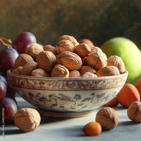 Obraz Bowl of Chilean nuts surrounded by fruits on table