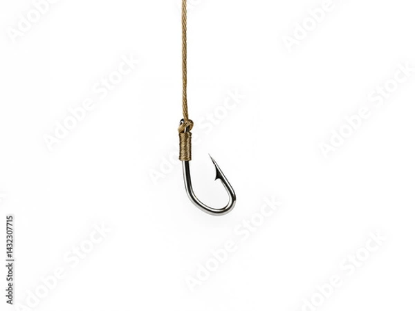 Obraz Fishing hook tied to a braided fishing line, isolated on white background.