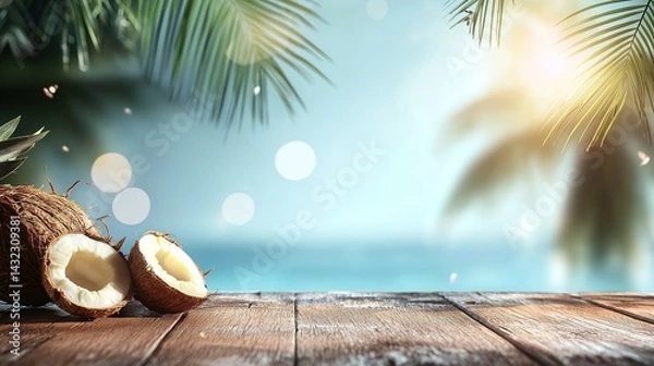 Fototapeta Tropical beach background with a wooden tabletop and palm leaves over a blurred blue sea and sun bokeh light, a summer vacation concept