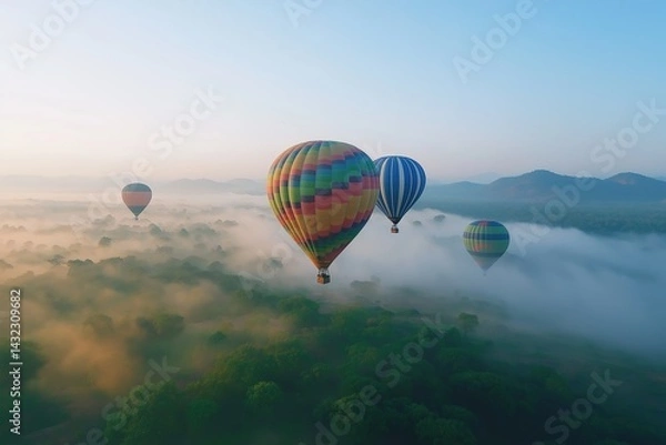 Fototapeta Colorful hot air balloons flying over a green mountain at sunrise. Vibrant colors of the balloons against the morning's foggy landscape. A beautiful nature concept.