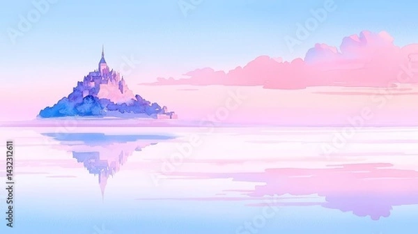 Fototapeta Watercolor depiction of Mont Saint-Michel, serene island abbey at low tide, under a cloudy sky blending into the horizon, minimalist and inviting ambiance, spacious composition