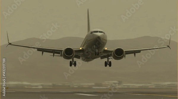 Obraz Evening sky serves as a backdrop for a photo-realistic airplane taking off from an airport runway, showcasing the power and motion of flight during twilight.