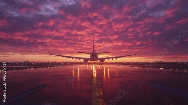 Obraz Airport runway scene with a photo-realistic airplane taking off into an evening sky, highlighting the beauty of flight and departure in detailed realism.